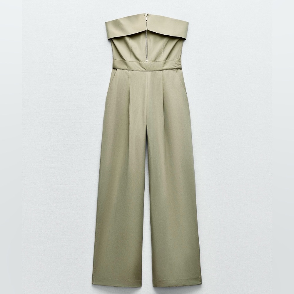 Zara NWT pale olive green zipper front foldover strapless bandeau tube jumpsuit - Picture 12 of 17